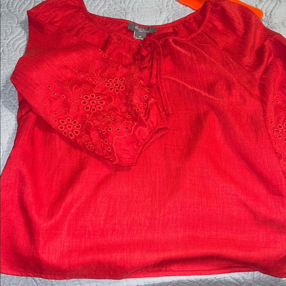 Olivia & Martin Red Eyelet Tie-Neck Peasant Top